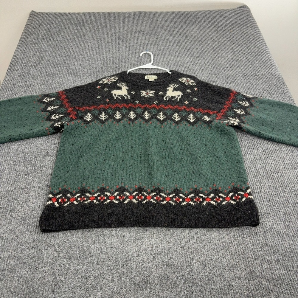 LL‎ Bean Sweater Mens XL Green Wool Silk Fair Isle Reindeer Snowflake Vintage